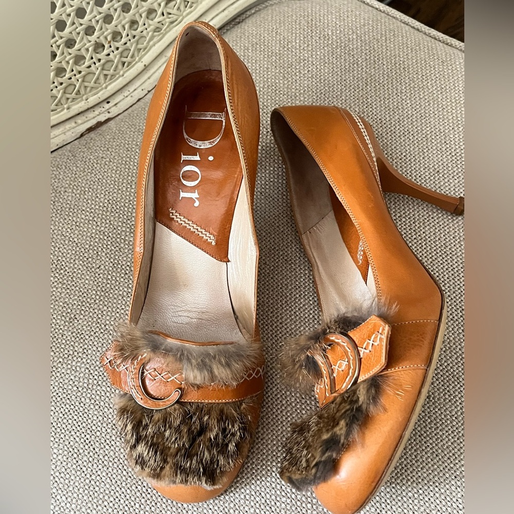 Dior Tan Leather Heels with Fur Accent